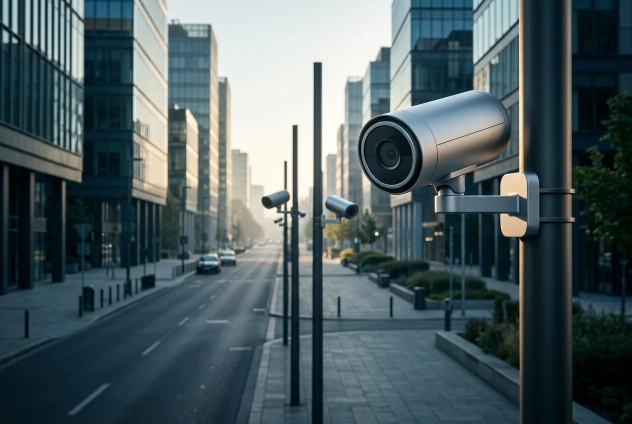 Security cameras mounted along a city street with glass office buildings