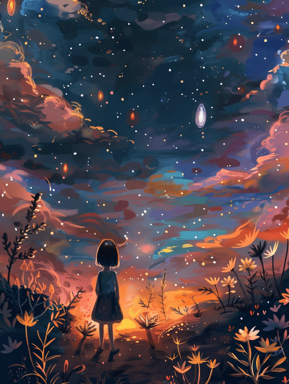 a silhouette of a little girl with short hair standing in an extraterrestrial garden with alien plants, glowing flowers, and strange, ethereal creatures floating around, set against the backdrop of a colorful nebula.