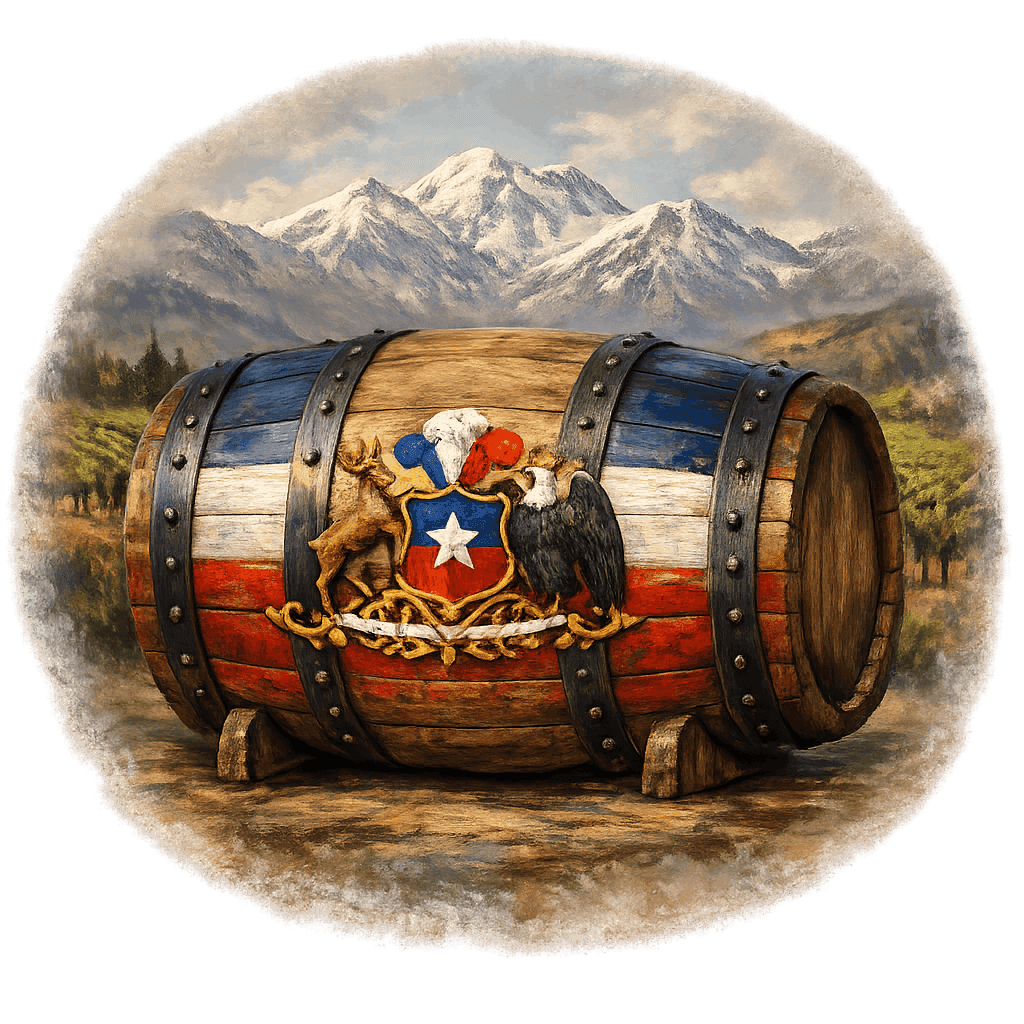 Wine barrel featuring the Chile national emblem for regional wine education.