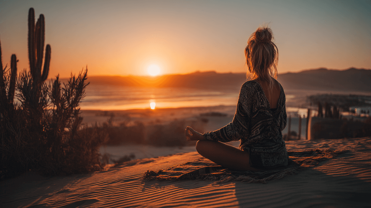 A woman sits in meditation on a sandy hill at sunset, overlooking a calm sea. The scene is peaceful, with warm tones and silhouetted plants.