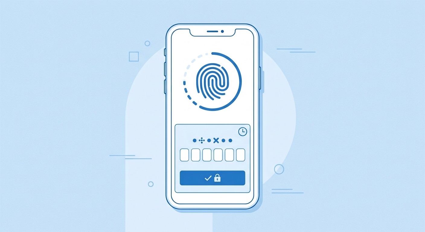 Flat illustration of a smartphone showing a fingerprint scan and one-time password for multi-factor authentication