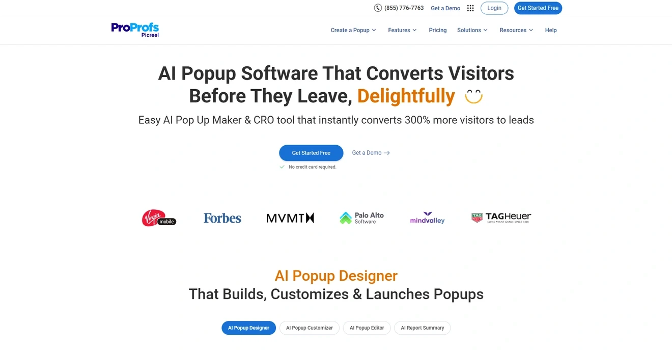 Picreel AI popup software homepage for converting visitors before they leave