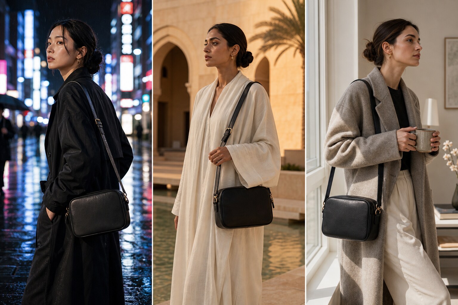Structured black leather handbag shown across three market-specific campaign images.