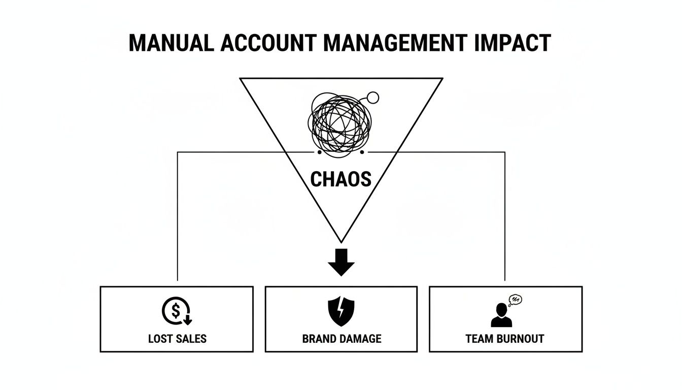 Diagram showing manual account management leads to chaos, resulting in lost sales, brand damage, and team burnout.