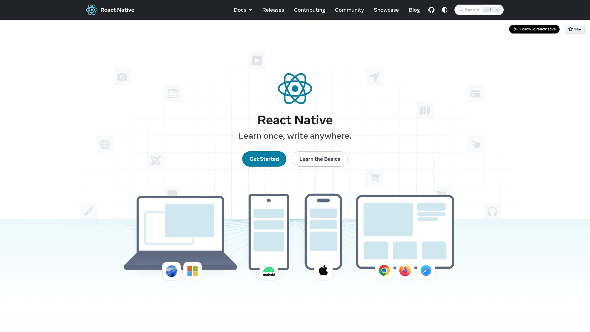 React Native framework homepage by Meta
