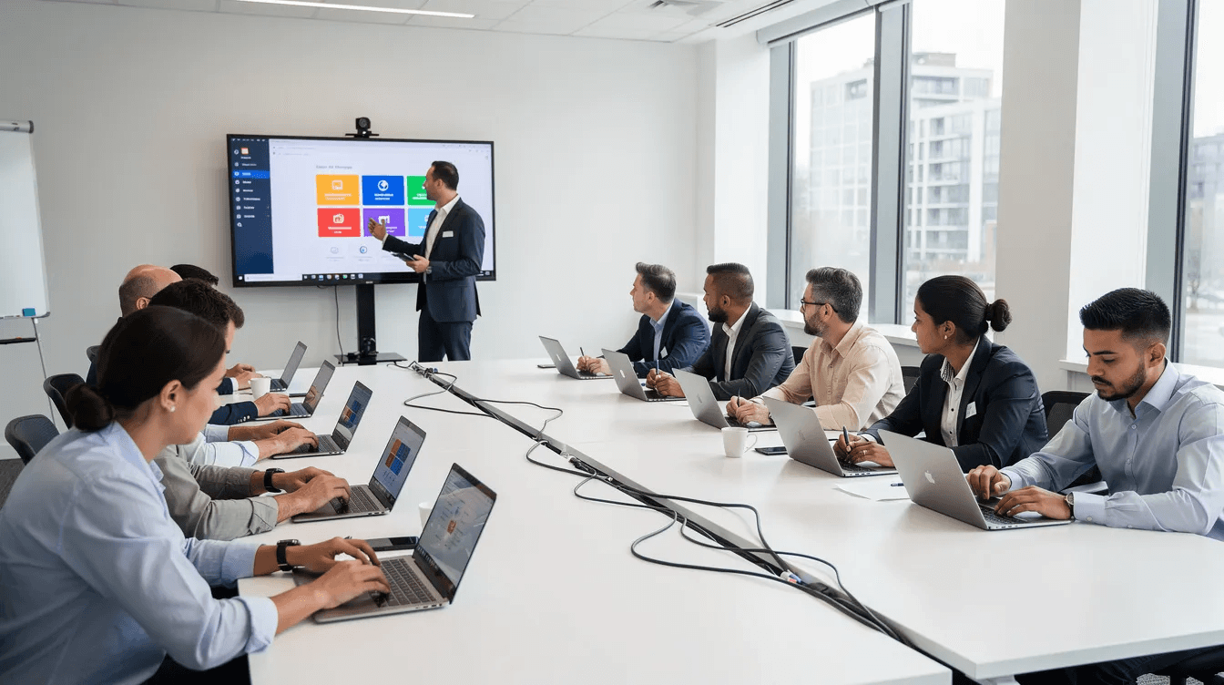 Des professionnels suivent une formation numérique sur des ordinateurs et des tablettes, engagés dans des modules e-learning sur mesure pour développer leurs compétences. Ils sont entourés de contenus variés, favorisant leur autonomie et leur efficacité dans un environnement d'apprentissage dynamique.
