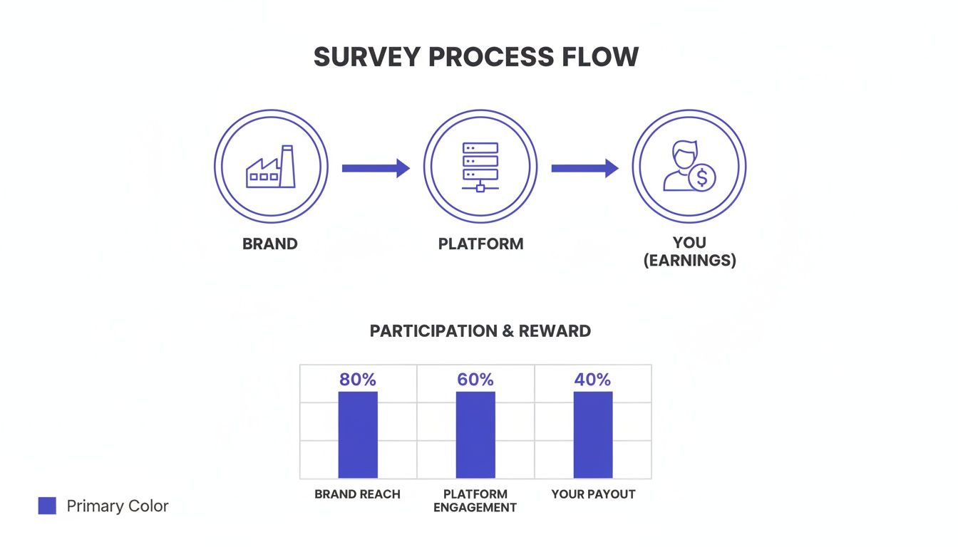 Diagram illustrating the survey process flow from brands to users, with a bar chart showing participation and reward percentages.