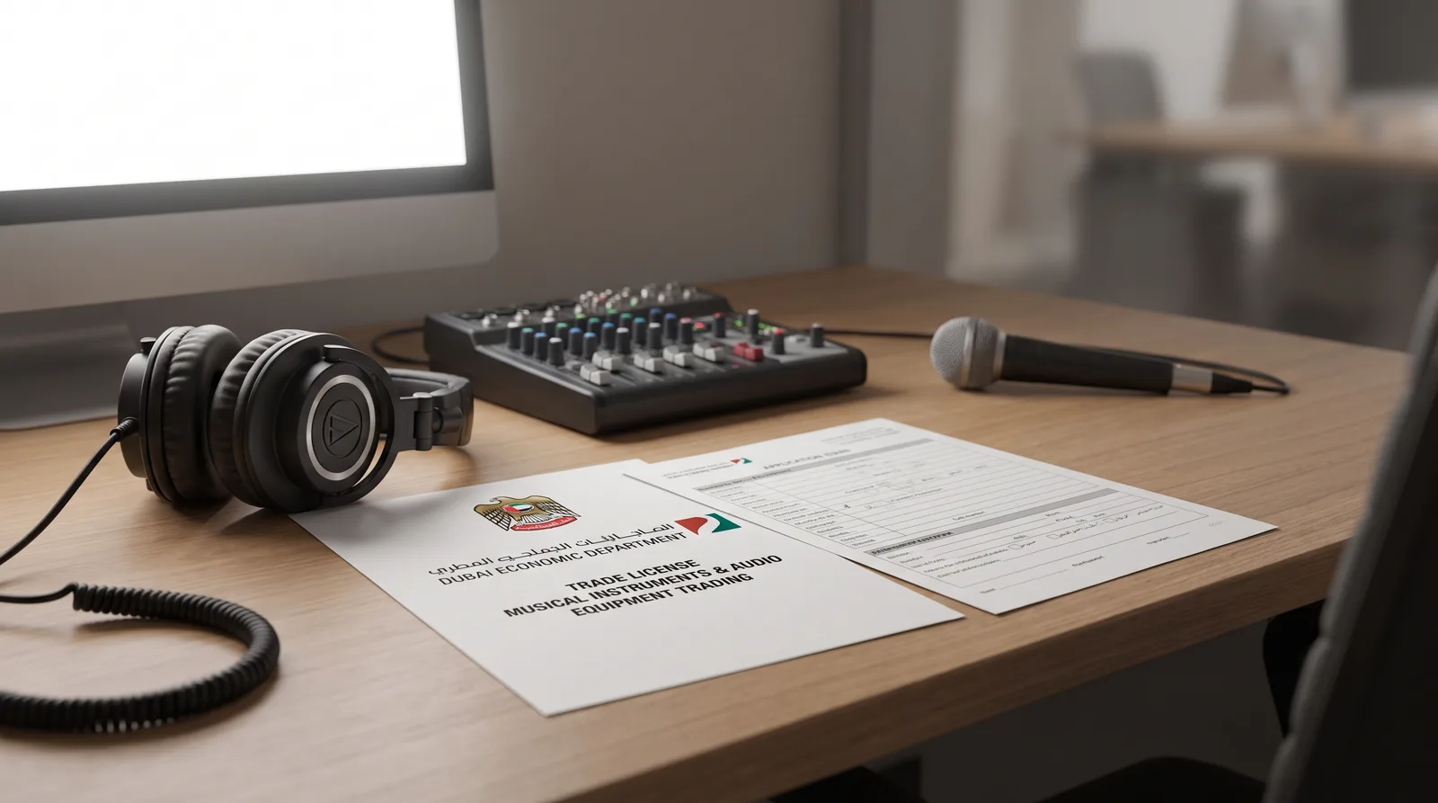 Musical instruments trading license Dubai document beside equipment stock