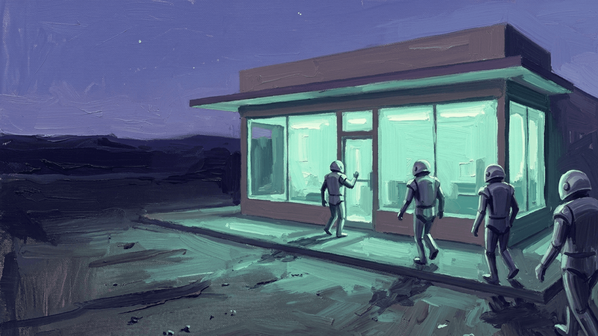 A moody, mid-century oil-painting style illustration of a glowing storefront at dusk, evoking Edward Hopper's 'Nighthawks.' A line of sleek, retro-futuristic robots walks across an empty lot toward the brightly lit windows, suggesting a growing wave of AI-driven shoppers approaching a single illuminated store.
