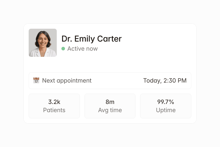 Dr. Emily Carter's profile: Active now, next appt Today 2:30 PM. 3.2k patients, 8m avg time, 99.7% uptime.
