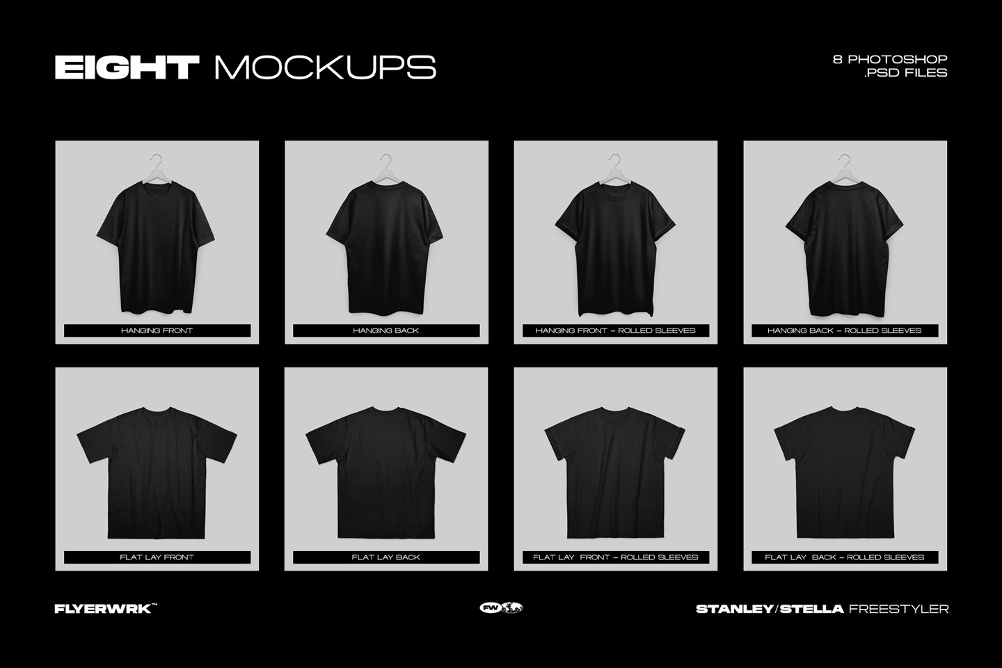 Stanley Stella Freestyler T-Shirt Mockup Bundle overview with Hanging and Flat lay variations
