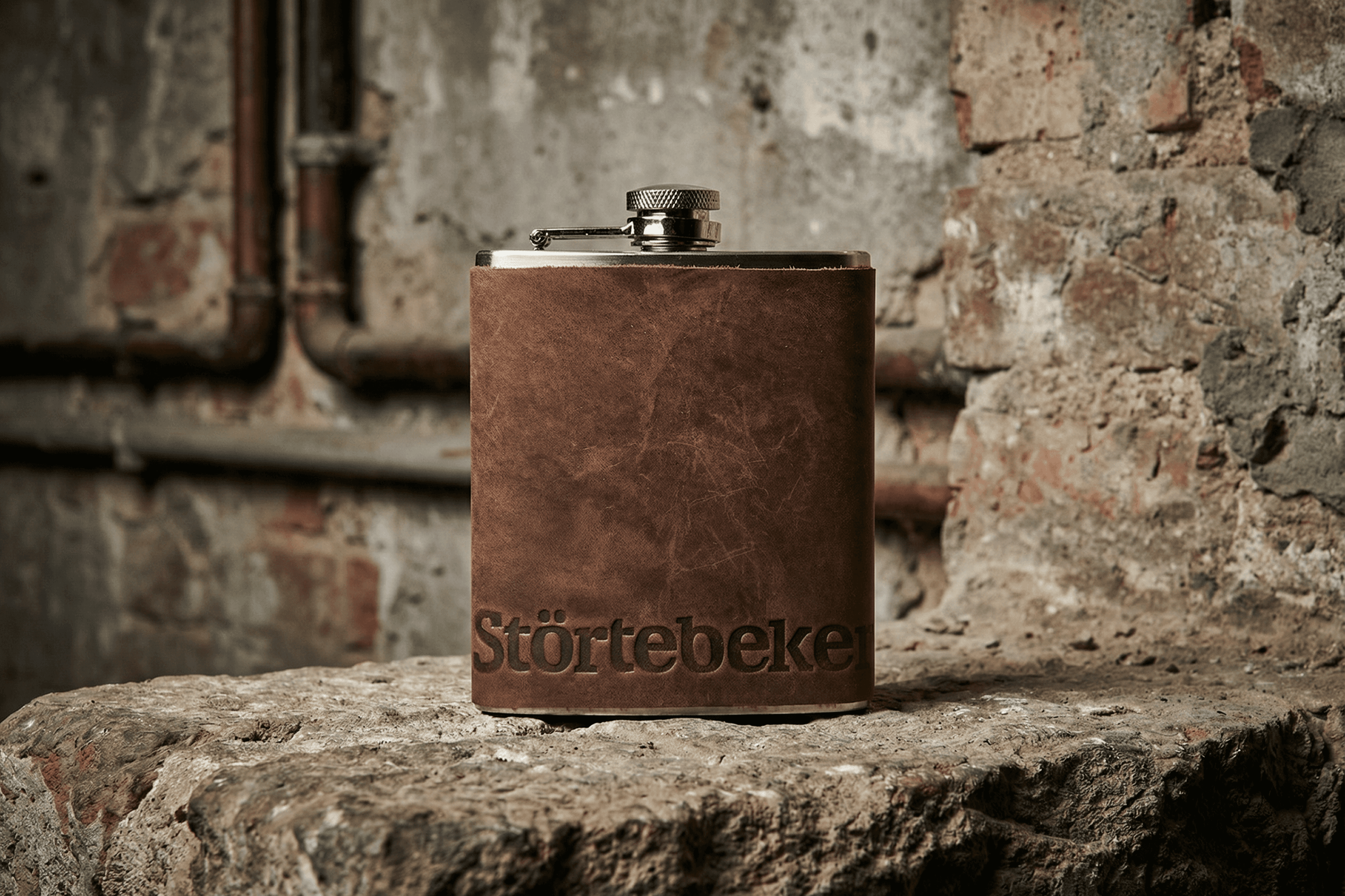 Brown leather hip flask with "Störtebeker" embossed