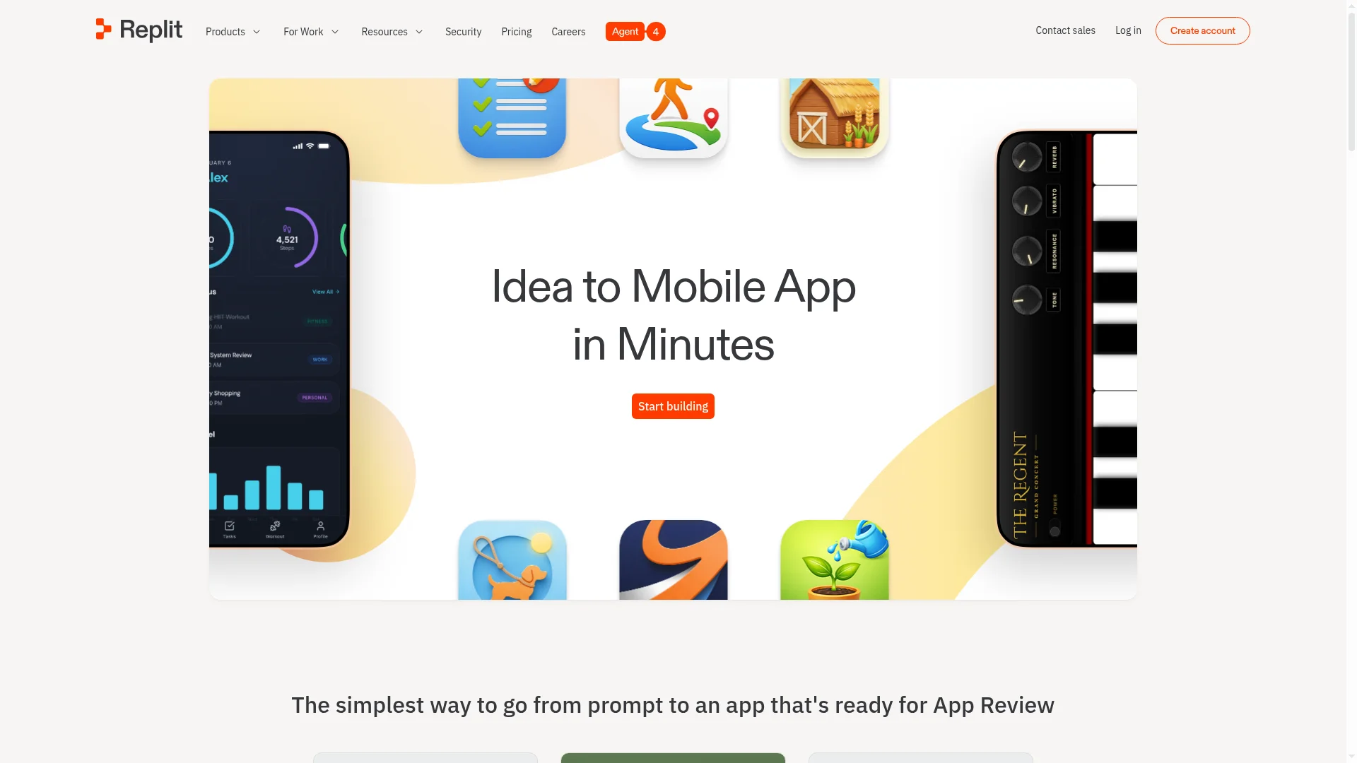 Replit mobile apps page describing native iOS app building with Expo and Replit Agent