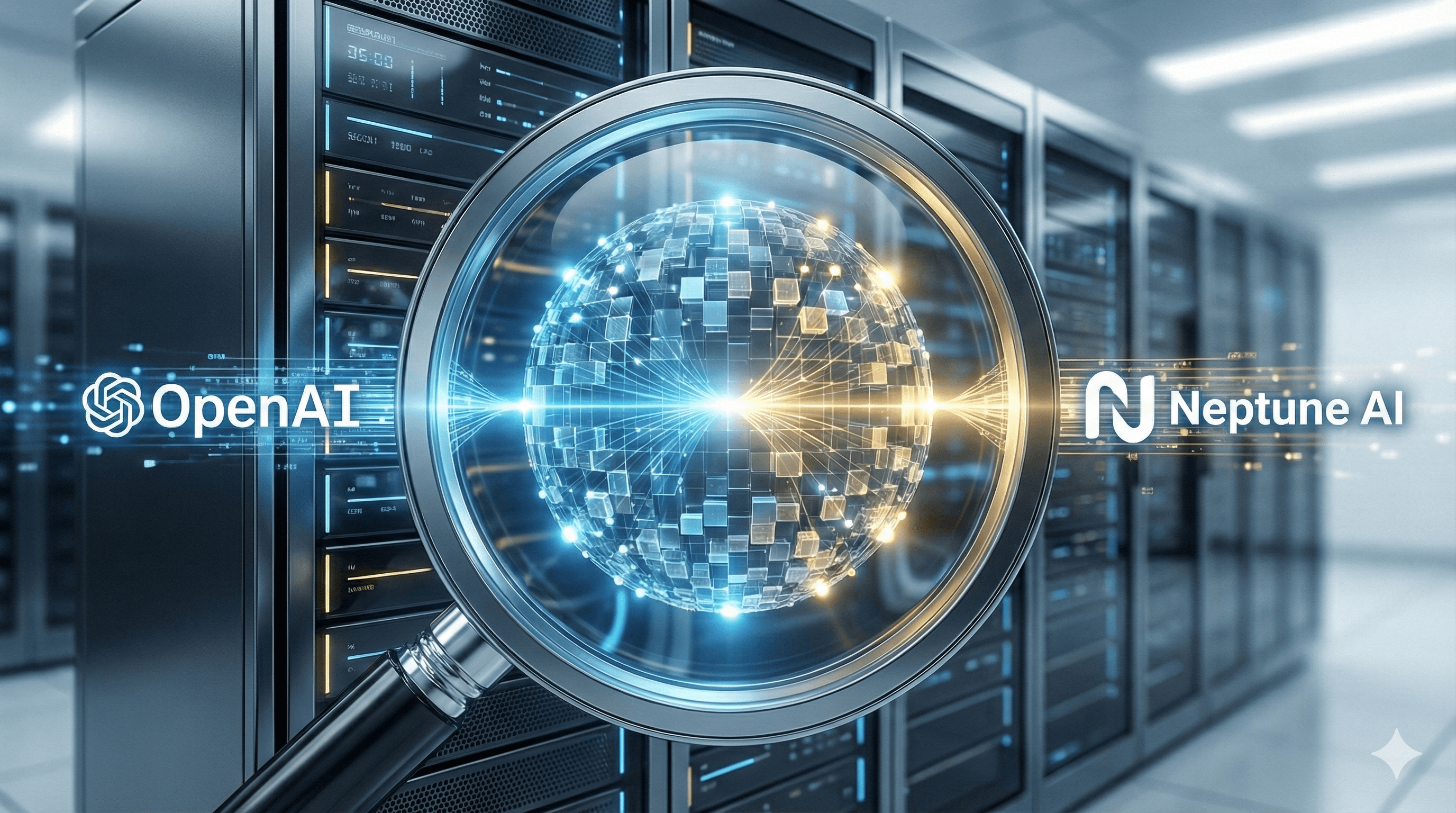A magnifying glass focuses on a digital globe surrounded by server racks, symbolizing technology and innovation, featuring "Open AI" and "Neptune AI" logos.