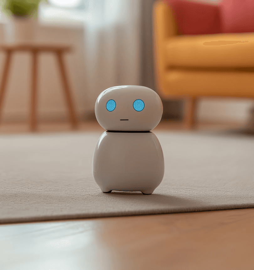 Small robot with glowing blue eyes on a floor