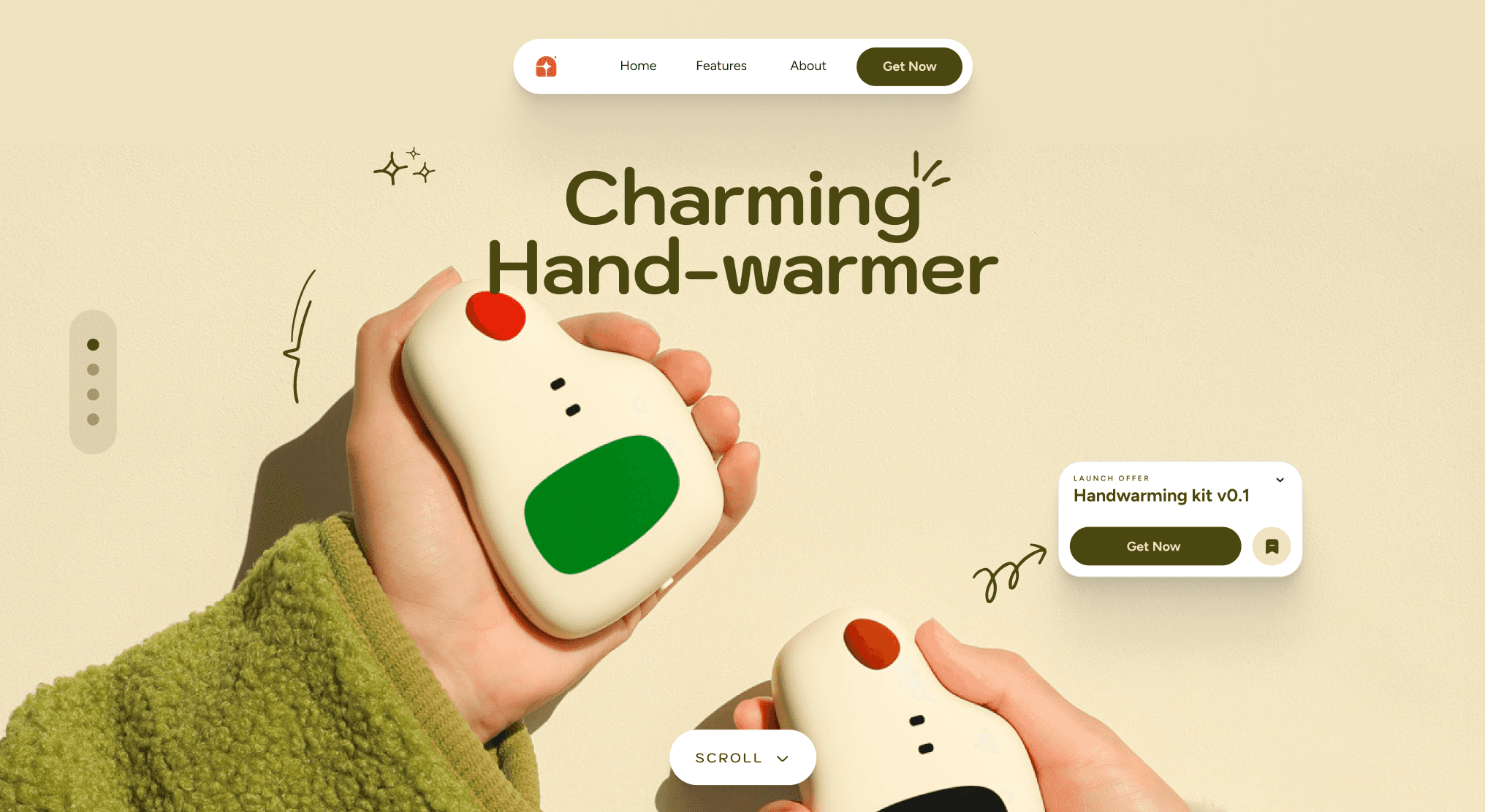 Concept web UI of a charming hand-warmer using whirrls decorative elements