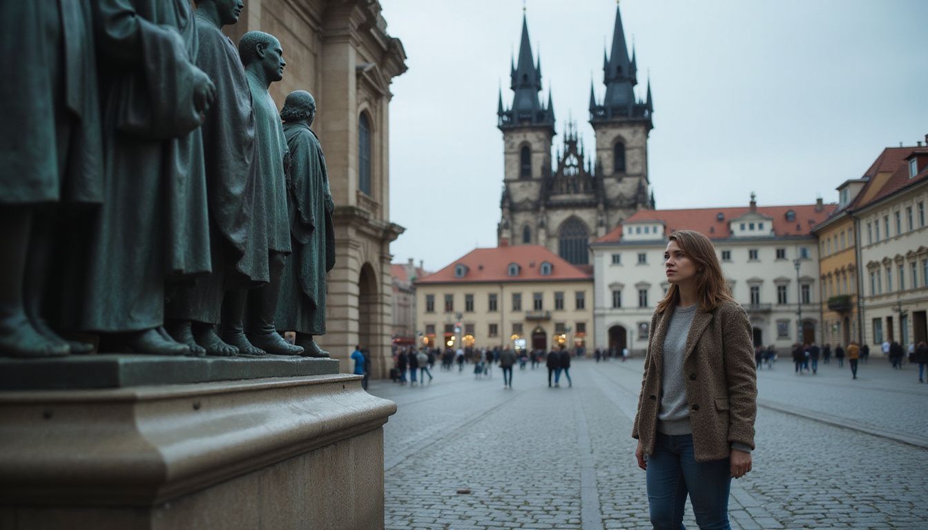 A contemplative individual stands in Prague’s historic Old Town Square.
