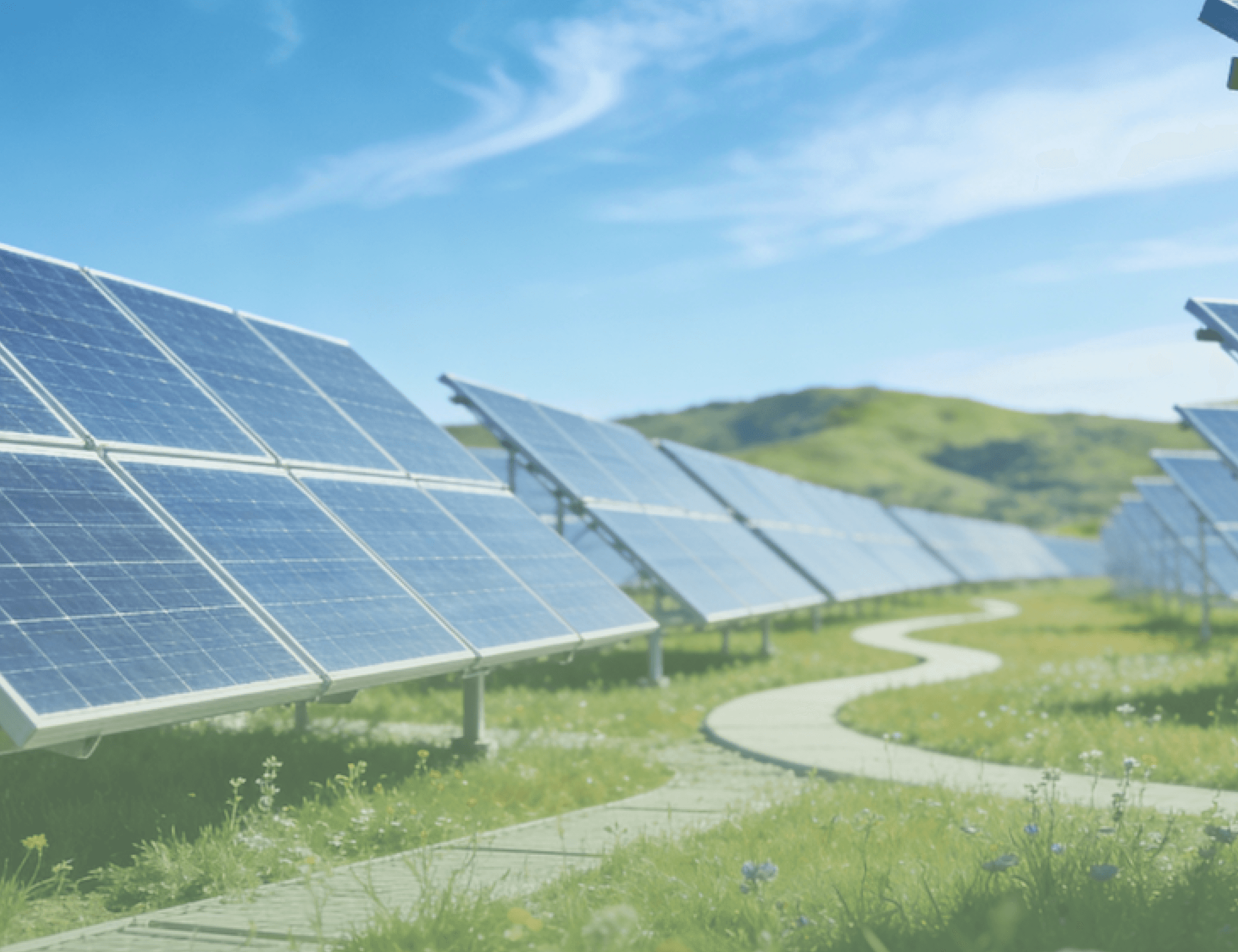Solar panels in a field with a winding path