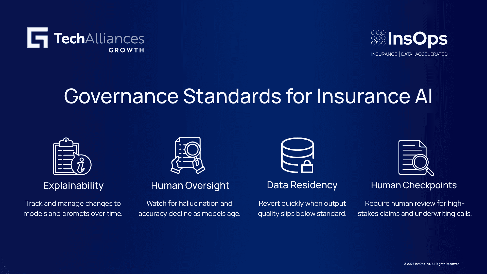 Four-step infographic on AI governance: explainability, human oversight, data residency, audit trails.