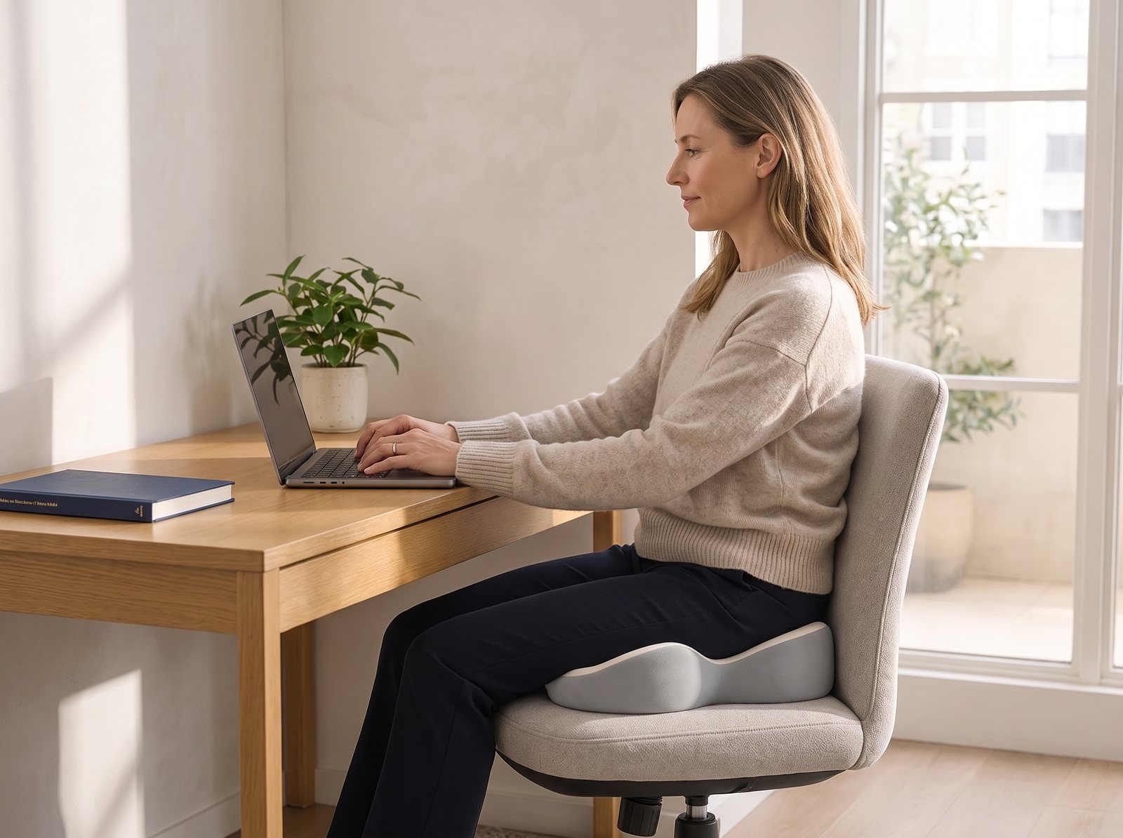 The Ergola Memory Foam Seat Cushion on an ordinary desk chair.