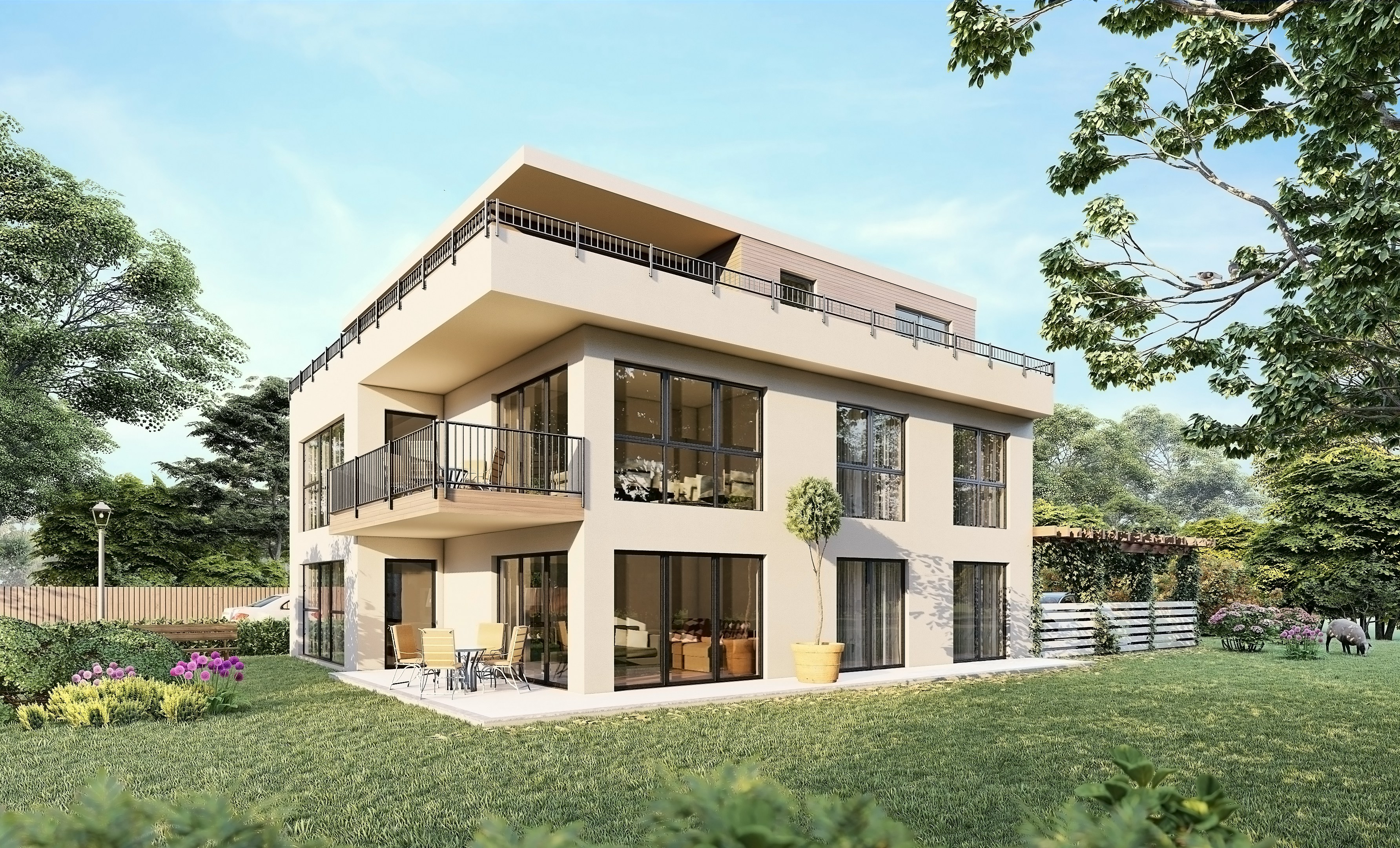 Modern two-story house exterior render with large windows, rooftop terrace, balcony, and landscaped backyard