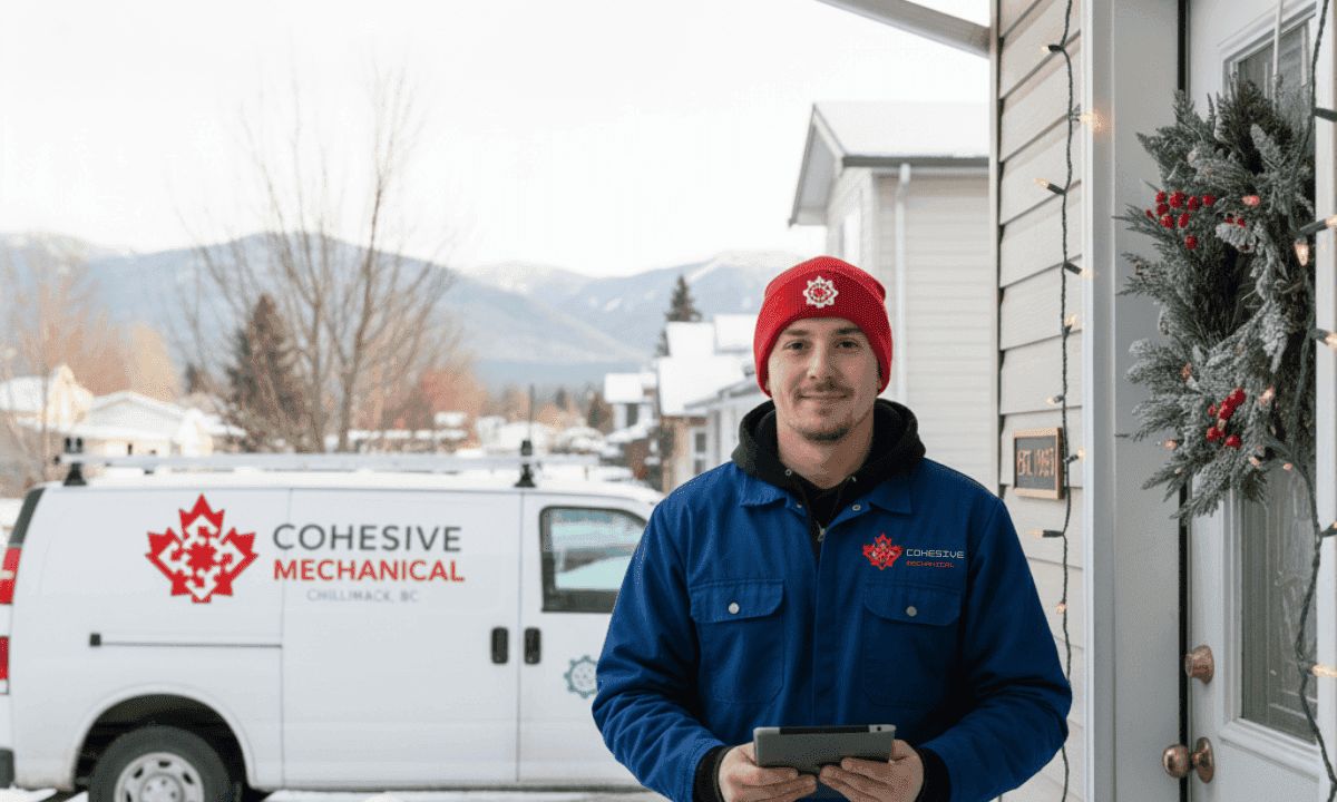 Cohesive Mechanical technician in Chilliwack, Fraser Valley, British Columbia, providing plumbing and HVAC services.