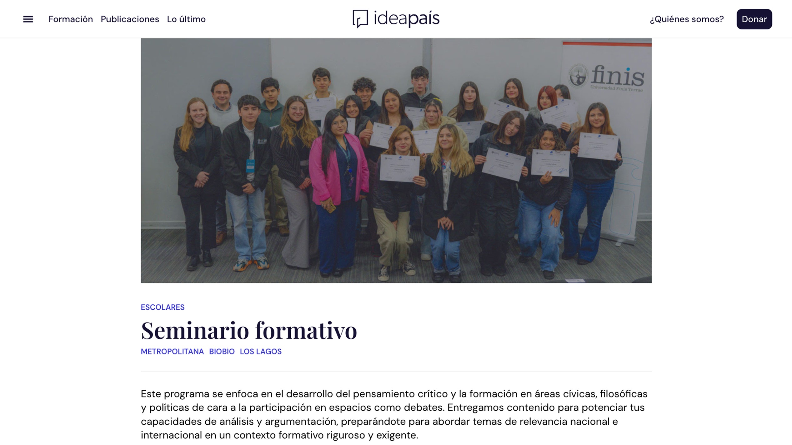 Diseño web desktop Ideapais sección Formación seminario escolar