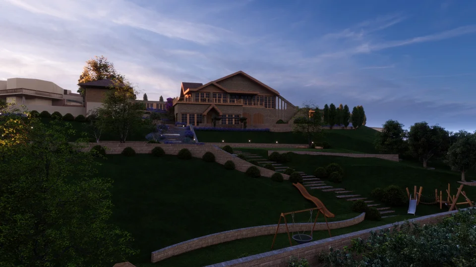 A large, elegant house on a hill at dusk. The property features terraced gardens, stone pathways, and a swing set in the foreground. Trees and shrubs are strategically placed throughout the landscape, and the house itself has large windows and a welcoming, illuminated entrance.