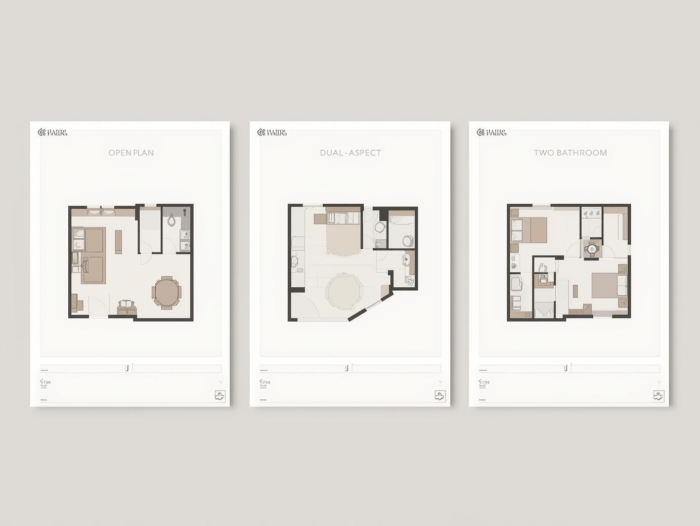 Diagram showing open‑plan, dual‑aspect, and two‑bed two‑bath apartment layouts