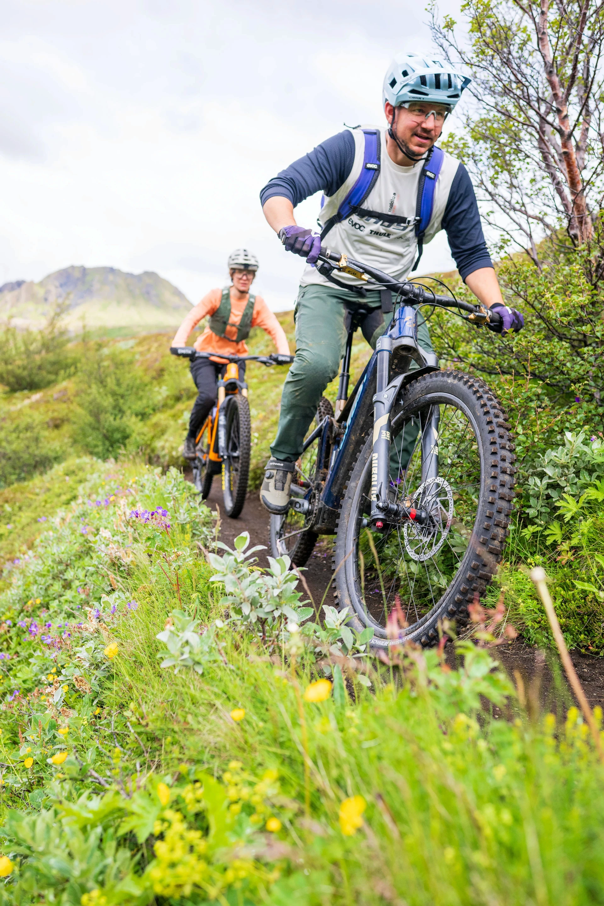 People riding mountainbikes towards camera