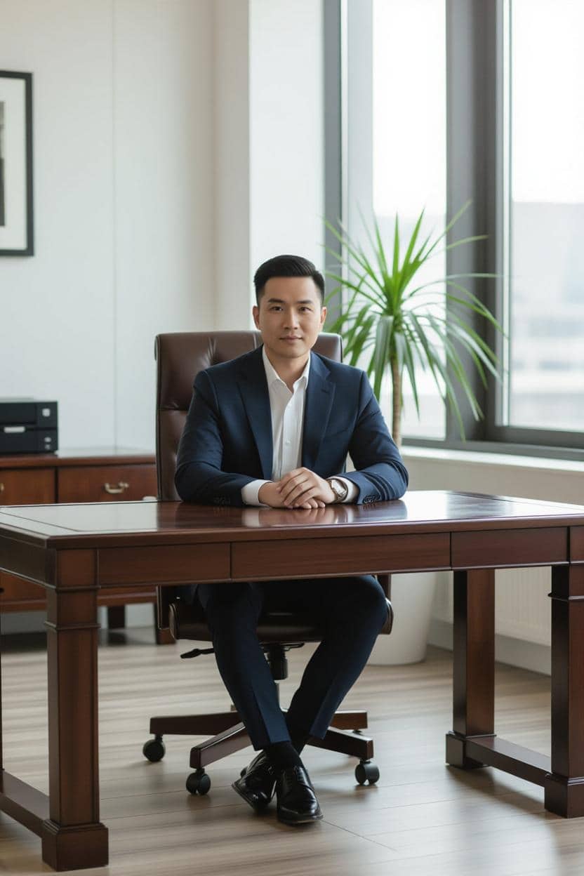 A professional man in a suit sitting at his desk in a modern office.