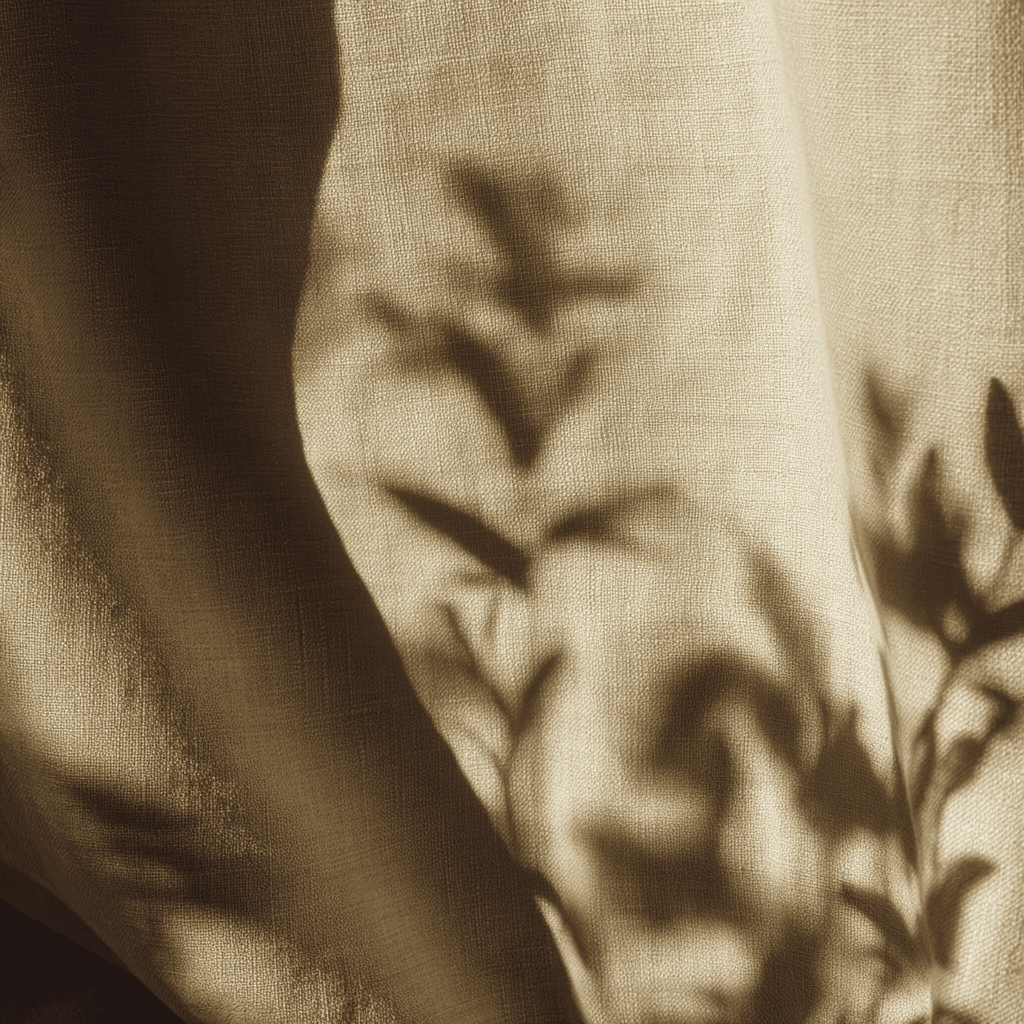  Minimal editorial photograph of soft natural linen fabric with gentle botanical shadows