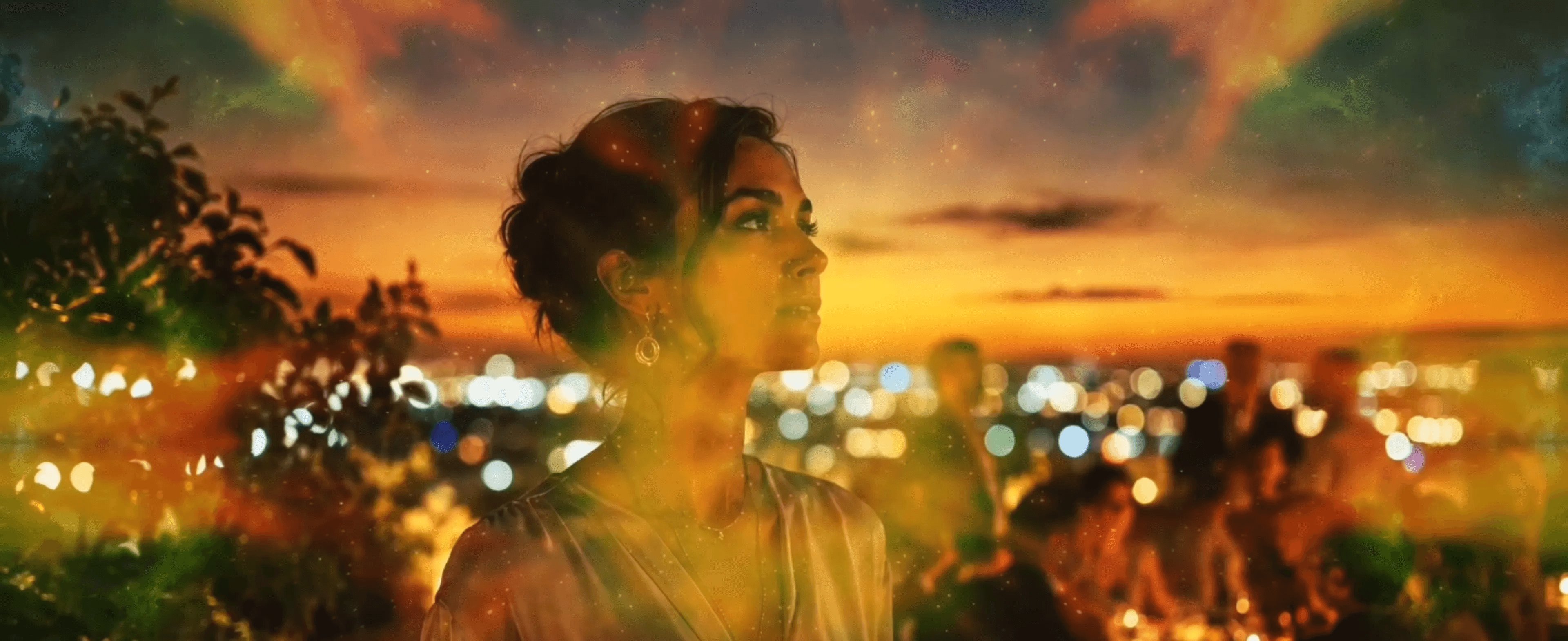 Woman at a rooftop gathering at dusk, looking outward with presence, openness, and quiet connection.