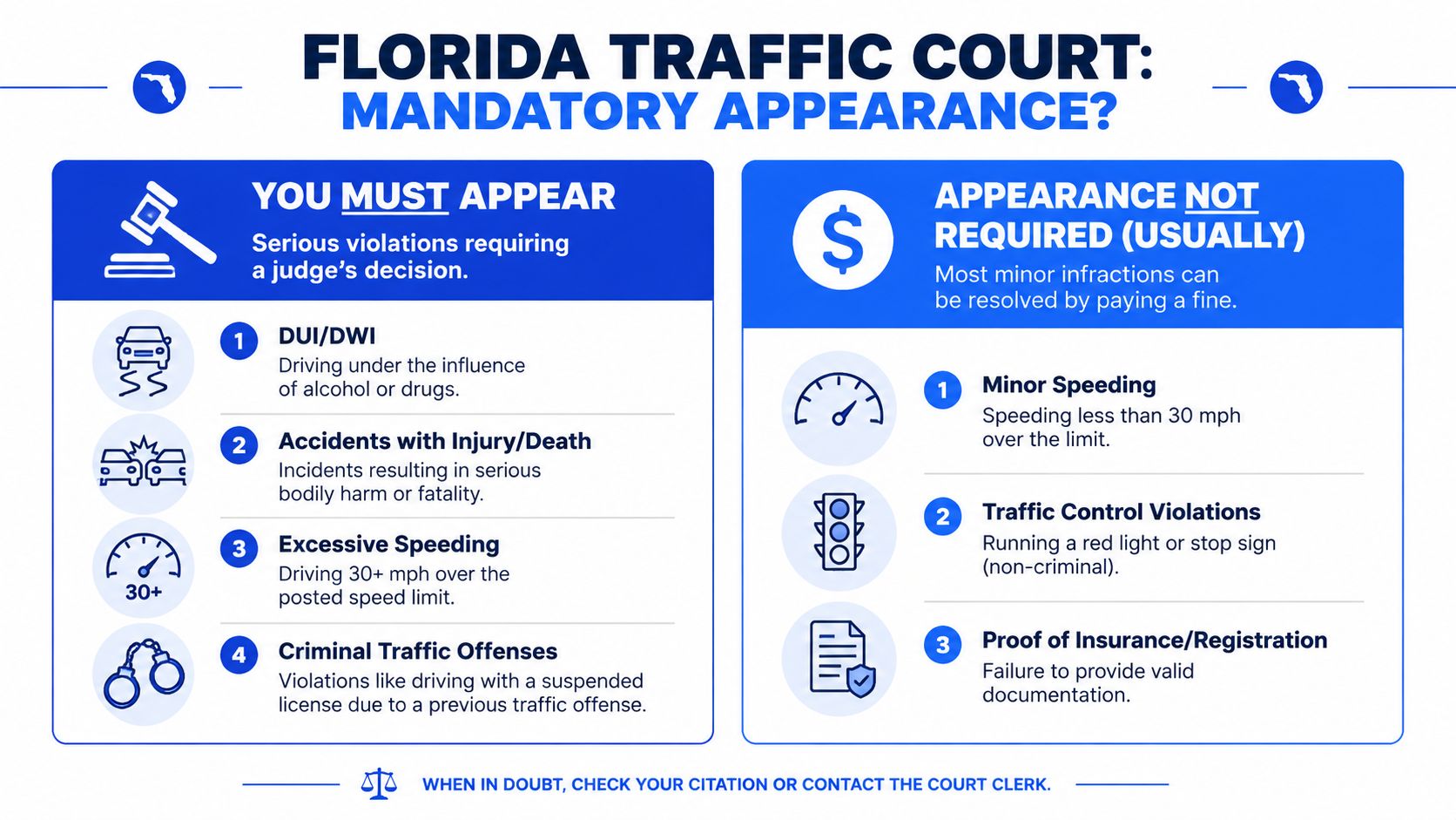 An infographic titled Florida Traffic Court: Mandatory Appearance, detailing traffic violations requiring court vs those requiring fines.