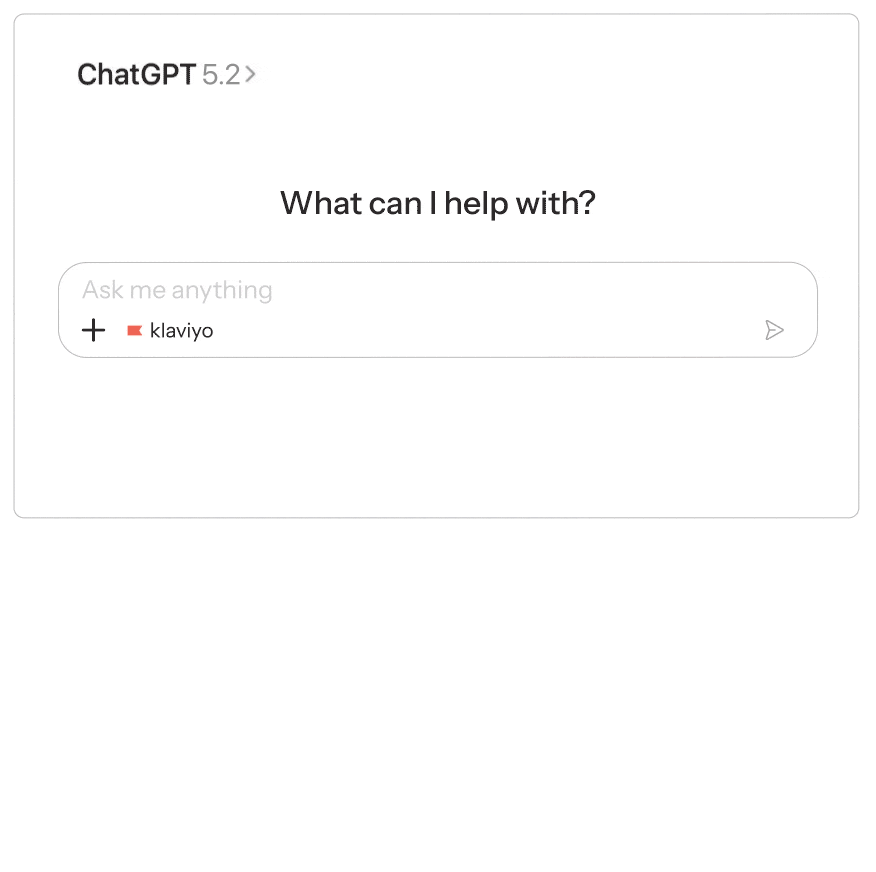 Eingabefeld von ChatGPT mit ausgewählter Klaviyo-App, bereit für eine Marketingfrage