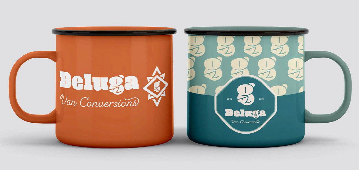 Two Beluga van camping mug designs 