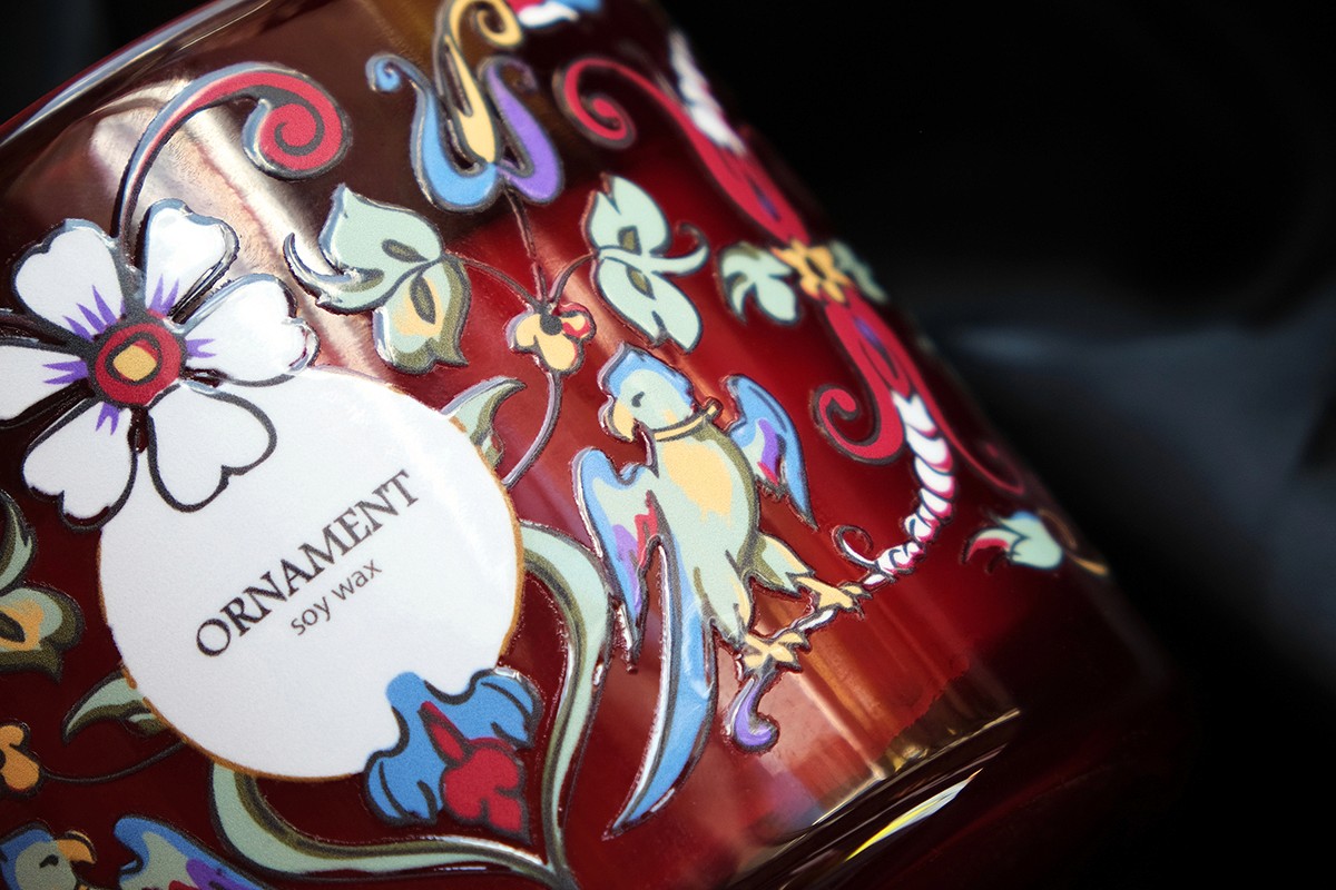 Uv dtf stickers, labels for Candle brand printed on glass with uv printing.