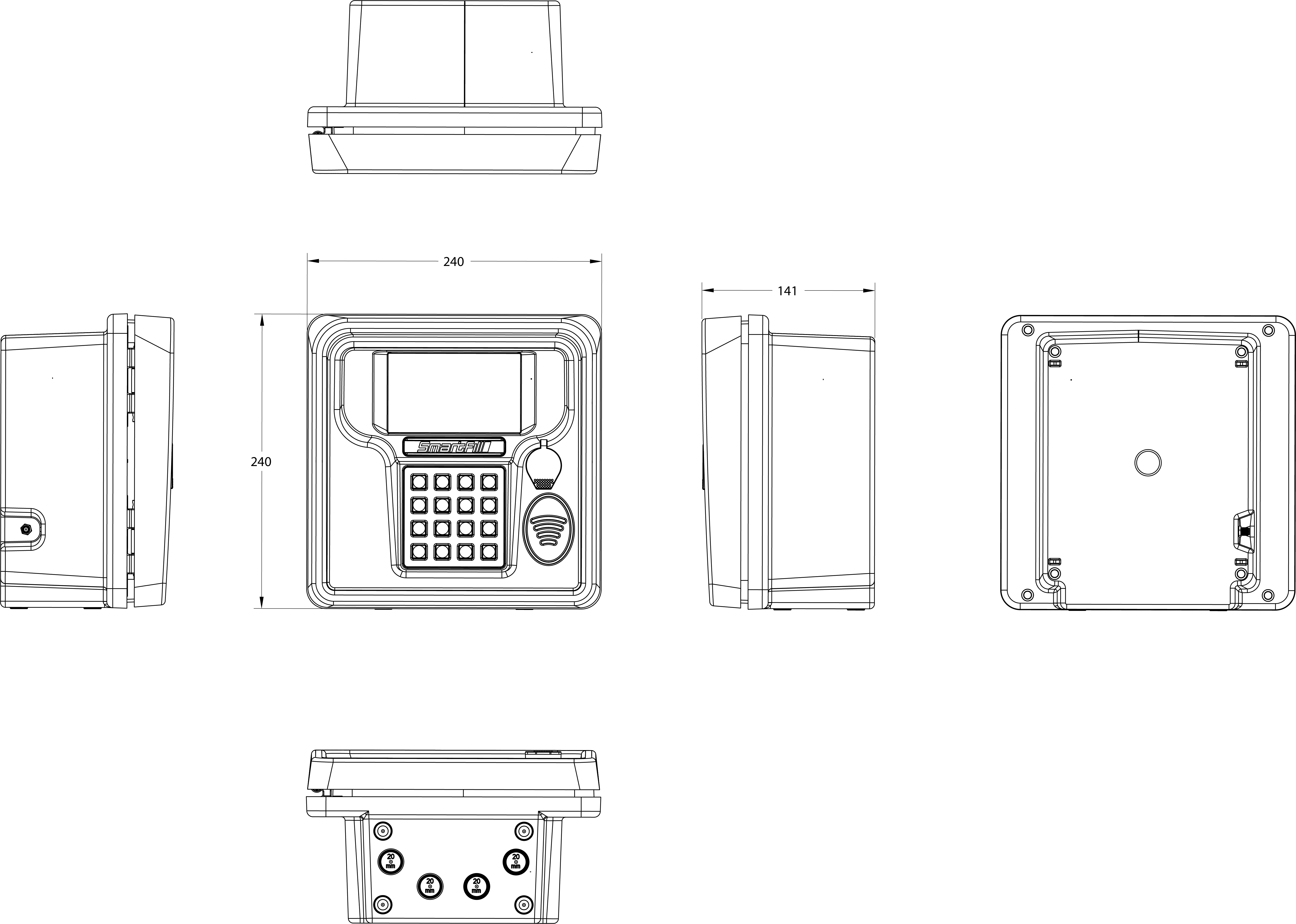 SmartFill Lite fuel management unit technical schematic — multi-view engineering drawing with dimensions for installer and distributor reference.