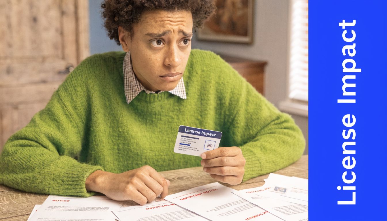 A person looking worried while holding a card labeled License Impact above several legal notices.