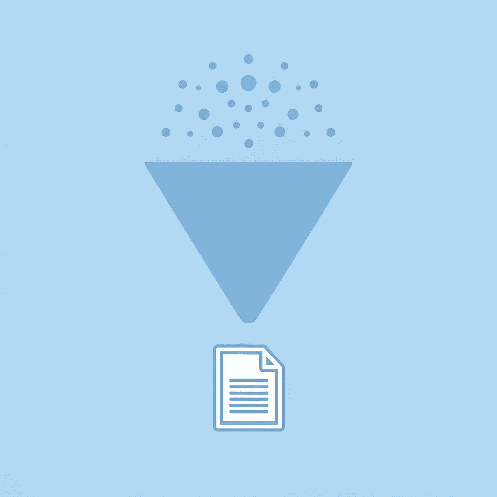 Funnel diagram showing multiple documents flowing in and distilling down to key insights and patterns