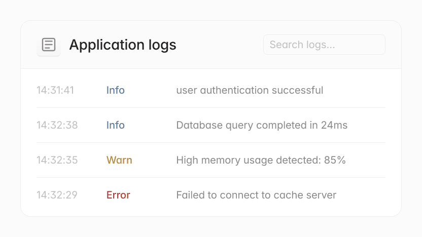 Application logs showing user authentication success, database query completion, high memory usage, and cache server connection error.