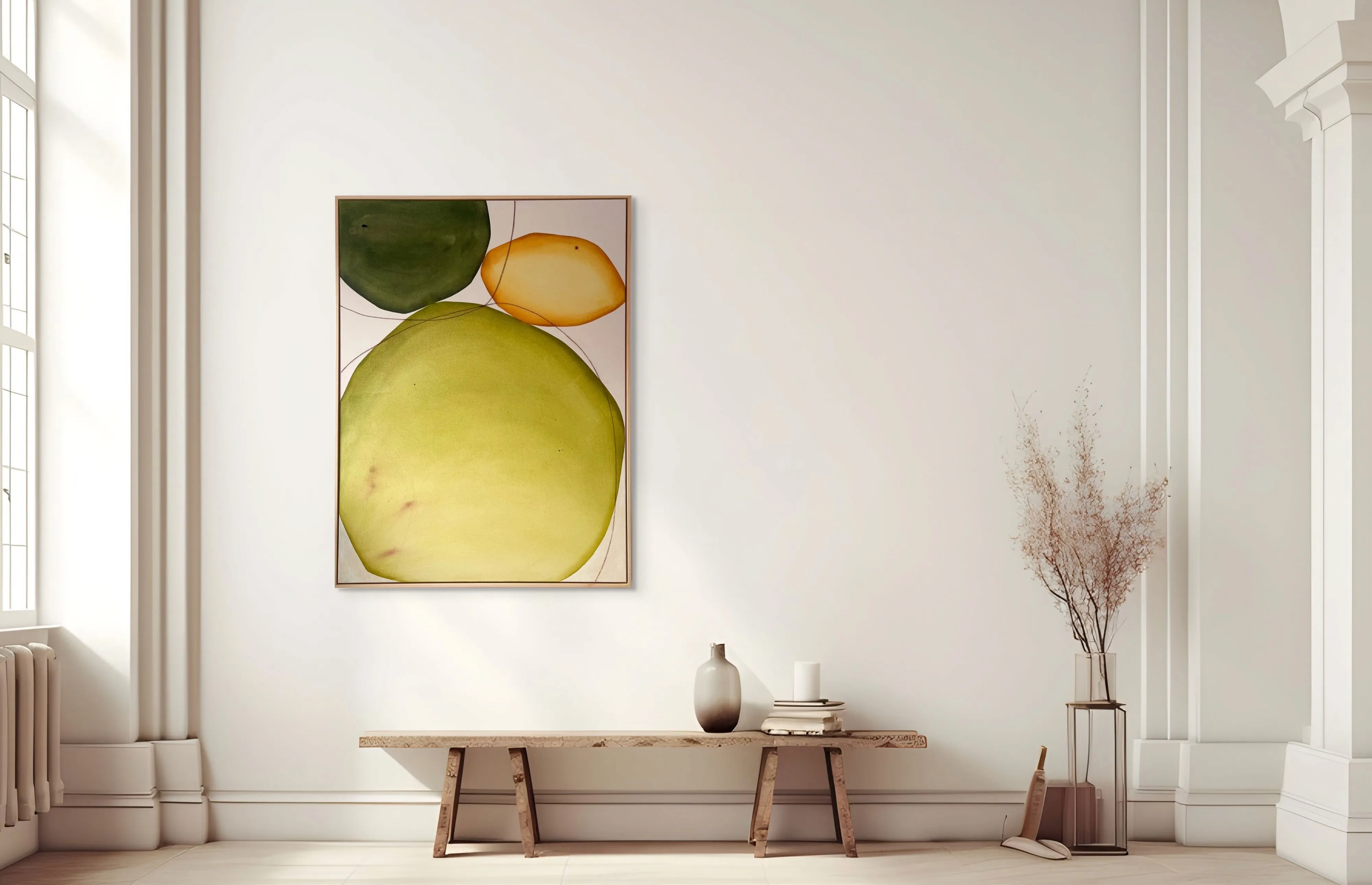 A modern living room with a large yellow artwork on the wall and a minimalist decor featuring a vase.