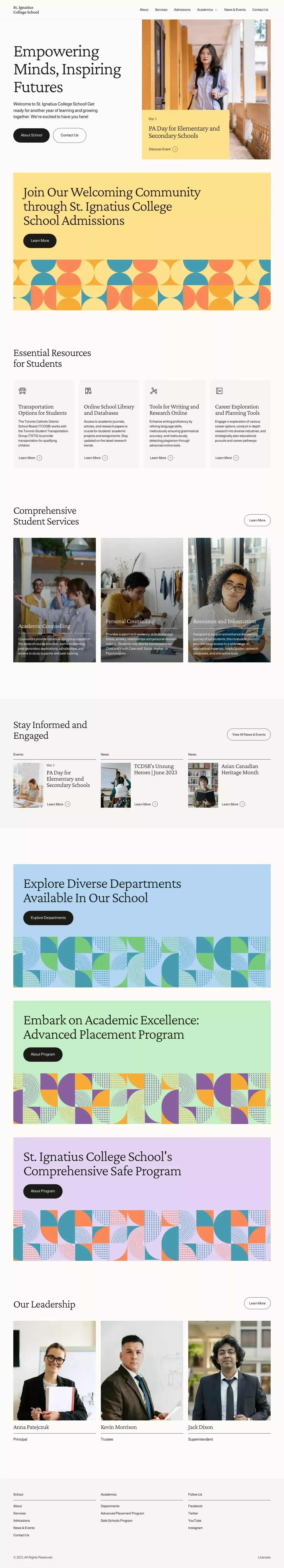 Ignatius School landing page screenshot showcasing Education design