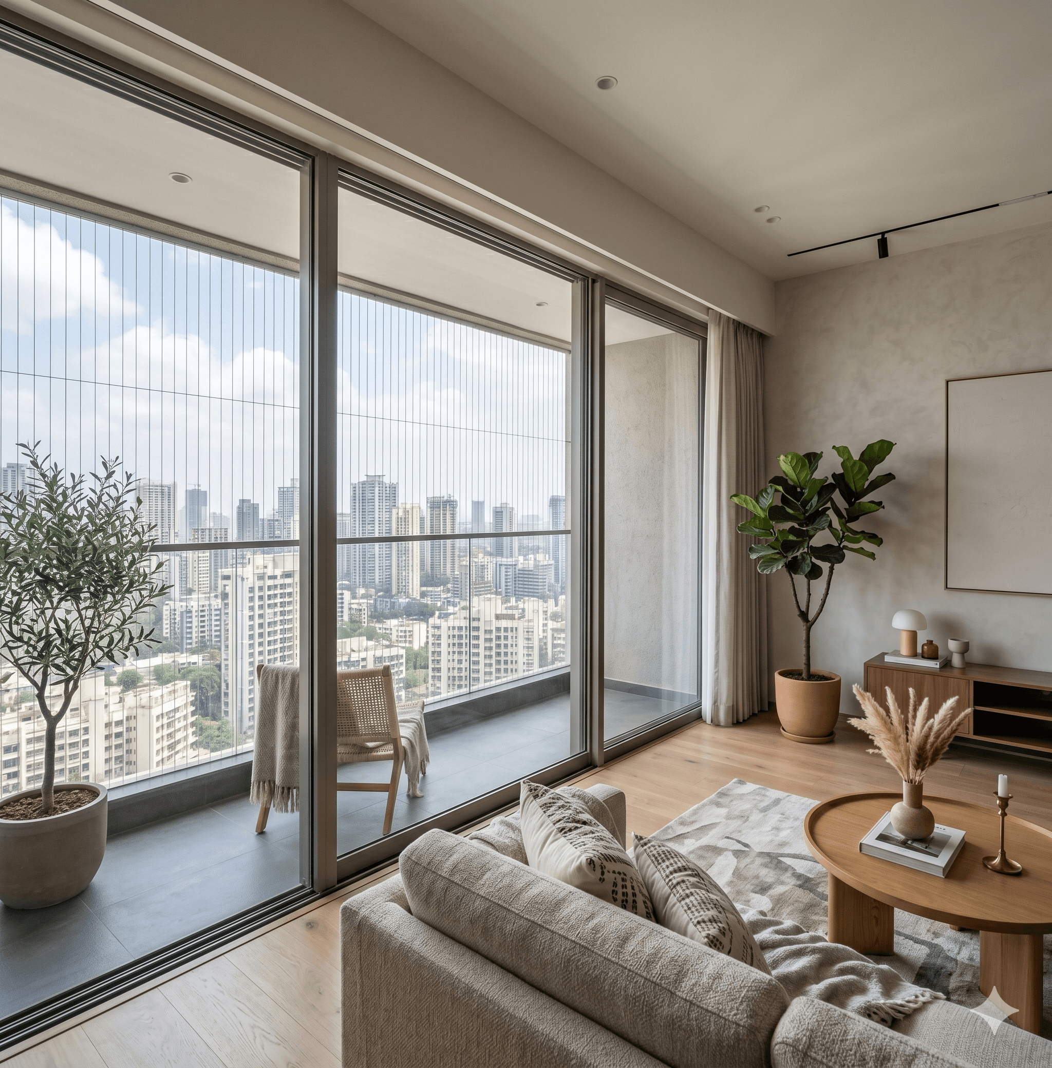 Modern Indian apartment interior with invisible grill installed on large windows for safety without blocking natural light