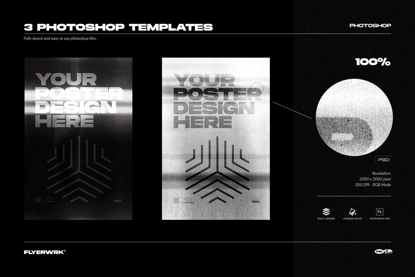 Photoshop templates preview showing poster mockups with photocopy scan texture effect