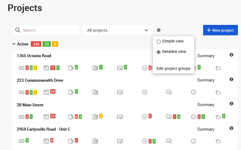 Coconstruct's dashboard interface for projects