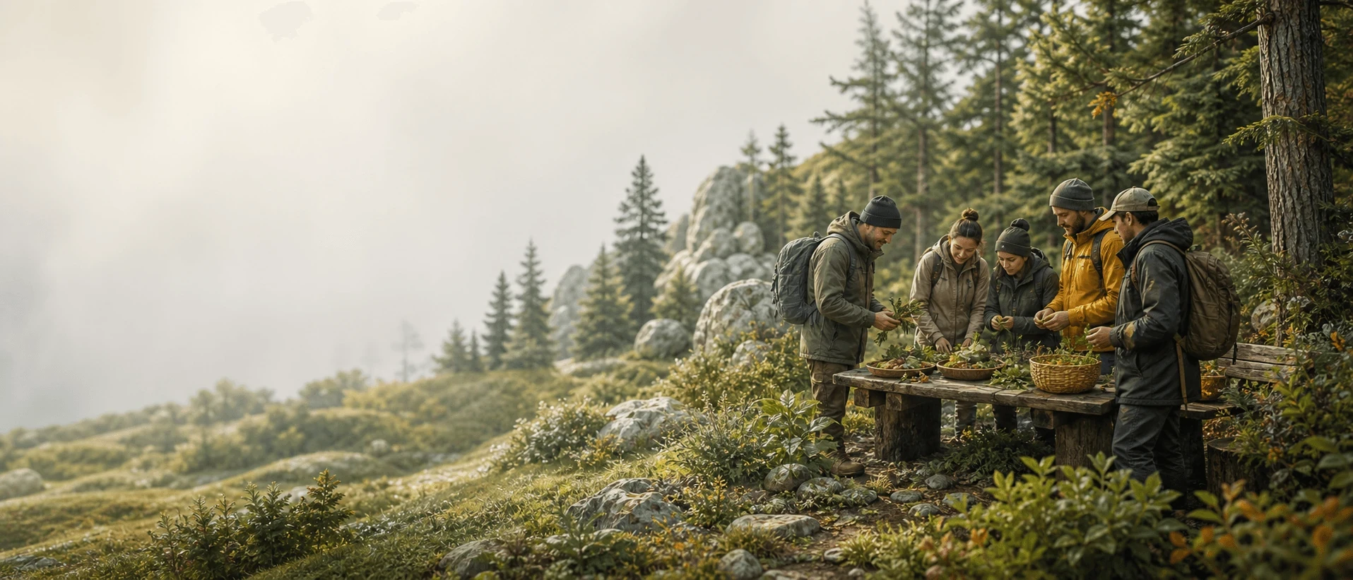 Équipe réunie autour d’une table en forêt pour préparer un repas à partir de leur cueillette.