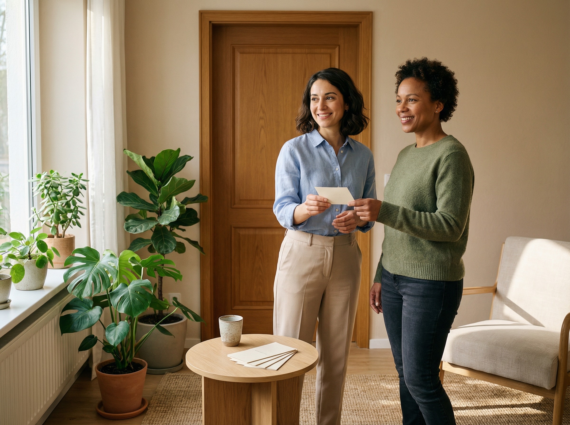 Ein freundlicher Empfangsraum mit Pflanzen, sanftem Licht und einem Beistelltisch. Eine Therapeutin überreicht einem neuen Klienten eine kleine Info-Karte, beide lächeln. Eine geschlossene Tür sorgt für Ruhe. Die Szene vermittelt Orientierung, Transparenz und einen professionellen Einstieg.
