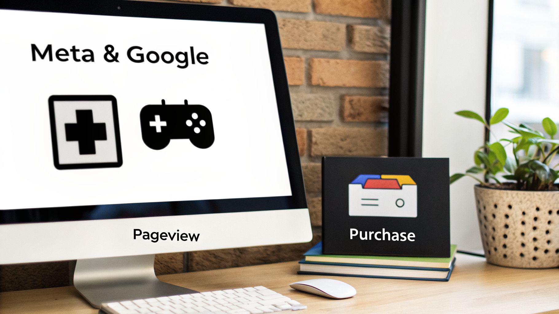A computer monitor displays 'Meta & Google' with tracking icons and 'Pageview', alongside a 'Purchase' box.