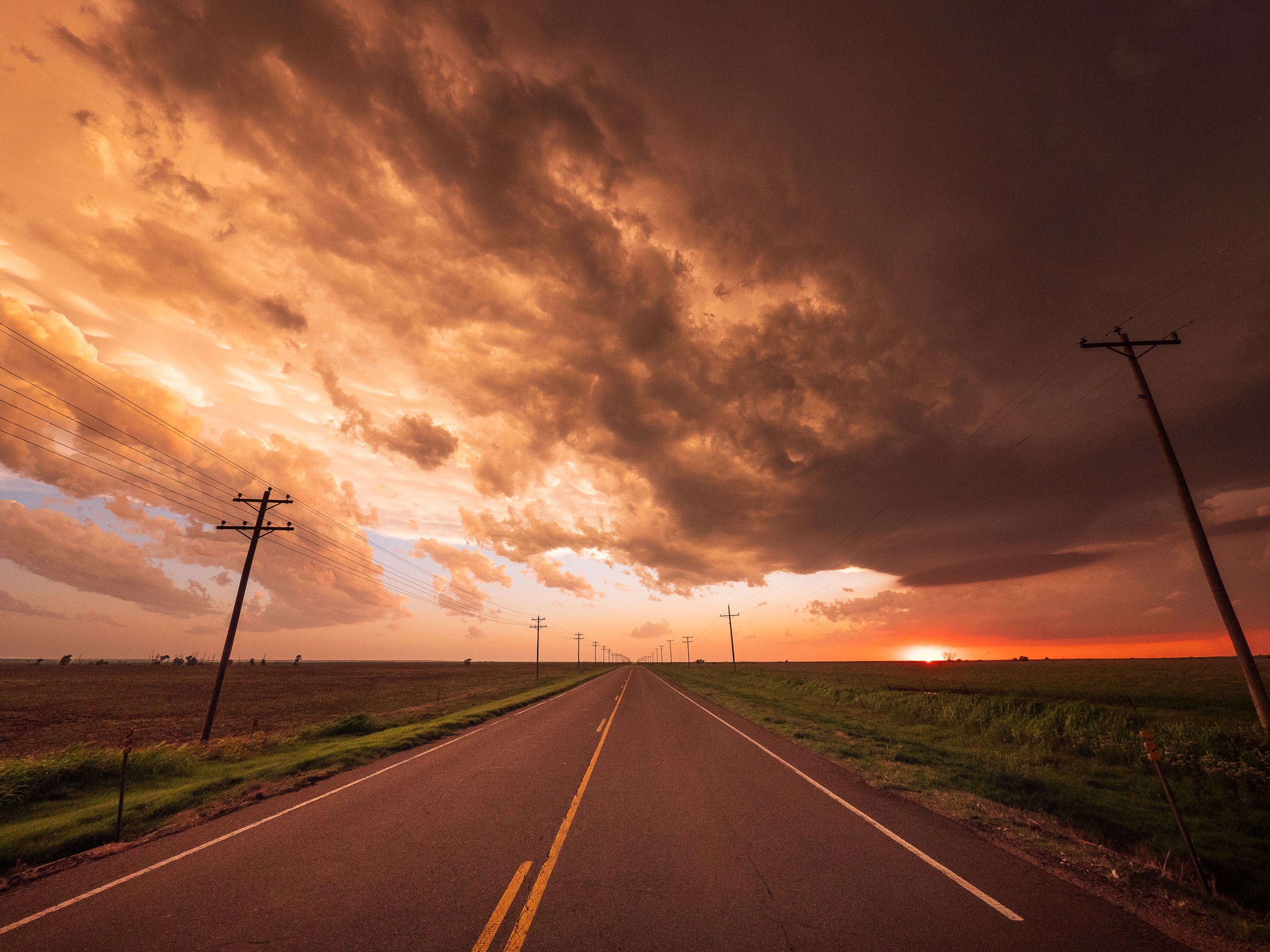 A brilliant orange-hued sunset after a storm in Oklahoma, USA